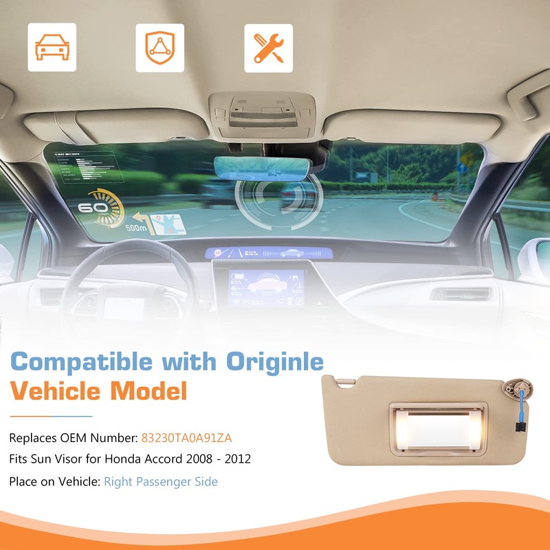 Hurotoms Sun Visor for 2008-2017 Honda Accord, Right Passenger Side