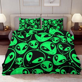 Delerain Comforter Cover Set Queen Size, Alien Pattern 3-Piece Bedding Set for Women Men Modern Soft Microfiber Bedroom Set Room Decor, 1 Duvet Cover + 2 Pillowcases