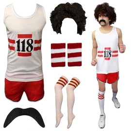 FAIRY BOUTIQUE 118 Fancy Dress Costume Vest + Shorts + Wig + Tash + Socks + Wrist Band Set Marathon Retro Outfit Set