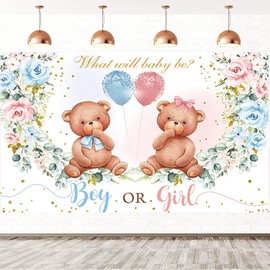 2.1x1.5m Foto Hintergrund Gender Reveal Bär Boy or Girl What Will Baby Be Blush Rosa Blau Blumen Fotografie Hintergrund Gender Reveal Party Kuchen Tisch Dekorationen Banner Fotostudio Requisiten