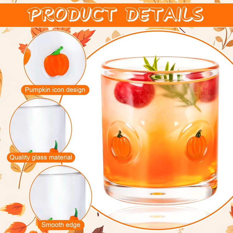 AimFun 2Pcs Pumpkin Icon Juice Glasses Fall Handblown Cocktail Glass