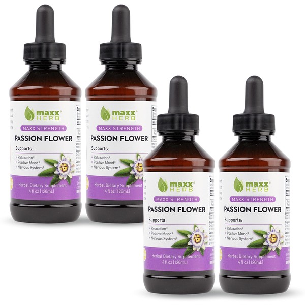 Maxx Herb Passion Flower Extract - Max Strength Passion-Flower Liquid Absorbs Better Than Capsules, for Relaxation and Stress Relief, Alcohol-Free - 4 Bottles, 4 Oz Each (240 Servings)