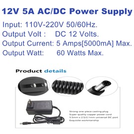 12V 5A Power Supply - Universal AC 100-240V to DC 12V 5A Adapter with 5.5x2.5mm Plug - Compatible with LED Strip Lights, Aquarium Lamps, Speakers, CCTV Cameras, Magnetic Bike Trainers