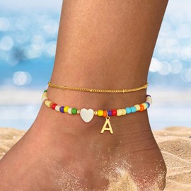 Eaciy Colorful Initial Ankle Bracelets for Women - 14K Gold Plated Layered Heart Initial Anklets Bracelet Dainty J Letter Ankle Bracelet Colorful Layered Anklet Bracelet for Women