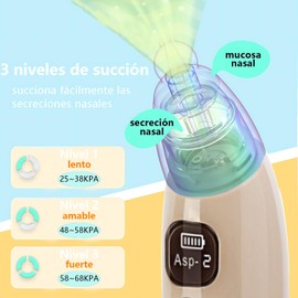 Aspirador Nasal para Bebe, Limpiador Nasal Eléctrico para Niños con Protección Antireflujo y sin Reflujo, Tres Niveles de Succión Ajustables, con Carga USB, Tres Puntas de Silicona y Clip para Moco (Caqui, convencional)