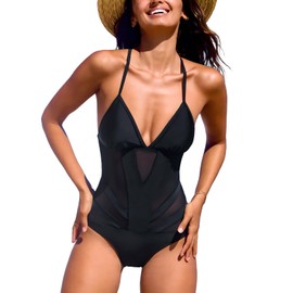 CUPSHE Women's One Piece Swimsuit Plunging V Neck Mesh Bathing Suit Crisscross Strappy Swimwear, S Black