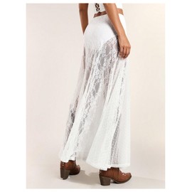 WDIRARA Women's Sexy See Through Sheer Lace Maxi Skirt Low Waist Ruffle Hem A Line Flowy Skirt White X-Large