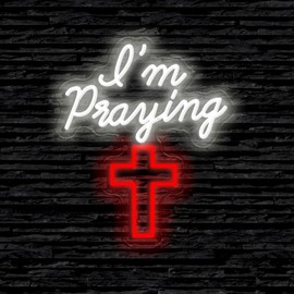 Ao Yee ZGL Cross Neon I am praying LED sign for wall decoration dimmable Jesus neon sign for bedroom living room Christian church event decoration, good birthday Christmas gift for Christians
