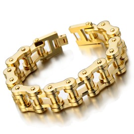 COOLSTEELANDBEYOND Exquisite Mens Gold Bike Chain Bracelet of Stainless Steel High Polished