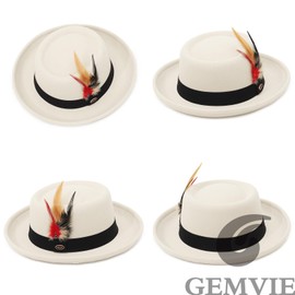 GEMVIE Pork Pie Hats for Men Womens Roll Brim Felt Fedora Pork Pie Hat with Feather Prokpie Hats for Unisex Beige
