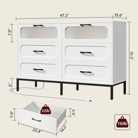 MAHANCRIS White Dresser for Bedroom with Charging Station, 6 Drawers, Modern Chest of Drawers with LED Light for Closet, Double Wide Drawer Organizer Cabinet for Living Room, Entryway, Hallway
