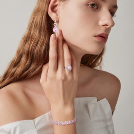 EleQueen Heart Necklace Earrings Bracelet Open Rings Set for Bride Bridesmaid, Cubic Zirconia Jewelry Set for Anniversary/Mother's Day/Memorial Day Pink Silver-Tone