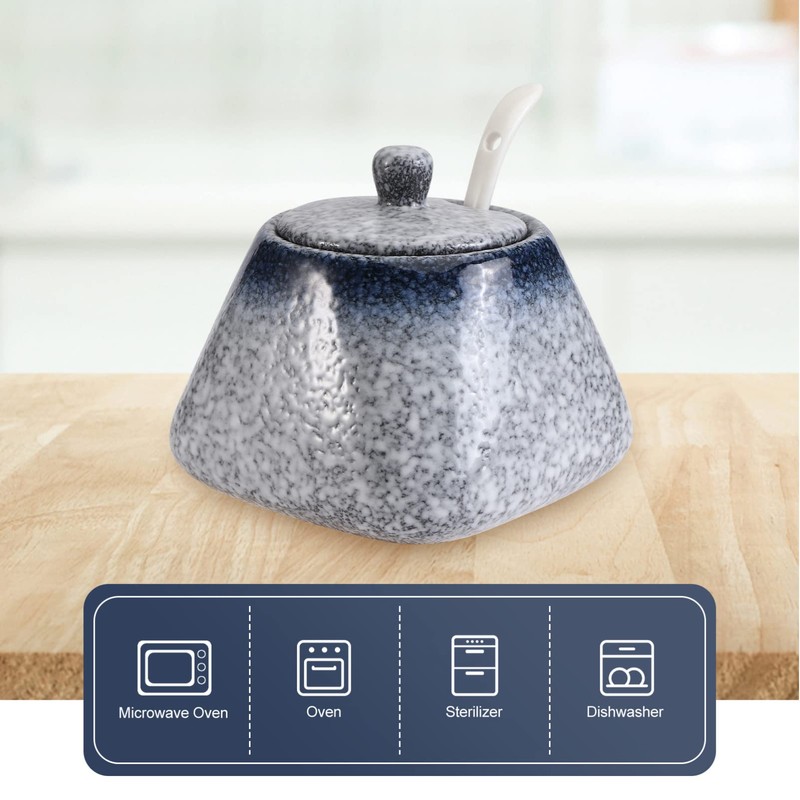 Mobestech Simple Ceramic Condiment Jar with Lid and Spoon Blue