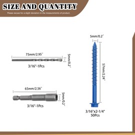 Wokape 52PCS 3/16" x 2-1/4" Slotted Hex Concrete Screw Anchor Kit, Blue Slotted Hex Screws with Drill Bit and Hex Bit Socket Diamond Point Hex Washer Head Concrete Screw