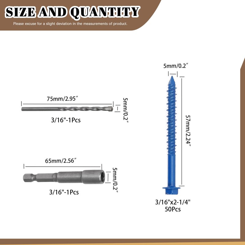 Wokape 52PCS 3/16" x 2-1/4" Slotted Hex Concrete Screw Anchor
