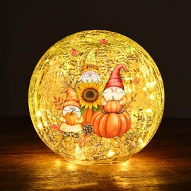 FRAMICS Fall Decorations for Home 4" Gnome Pumpkin Crackle Glass Balls Led Globe Light with Timer Thanksgiving Decorations Lighted Fall Decor Thanksgiving Centerpieces for Tables Gift