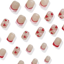 Pink French Tip Press on Nails Short Valentine’s Day Fake Nails Square False Nails with Red & Pink Heart Designs Glossy Acrylic Nails Full Cover Stick on Nails for Women Nail Decoration 24Pcs
