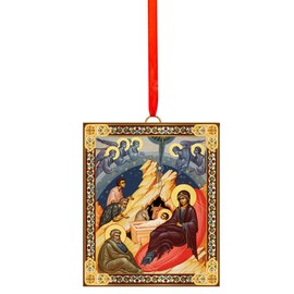 Nativity Scenes Christmas Ornaments Decorations Wooden 2 Sided Orthodox Icon Gold Foil 3 1/16 Inch, Christmas Religious Gifts, Nativity of Jesus Christ Byzantine, Set of 3