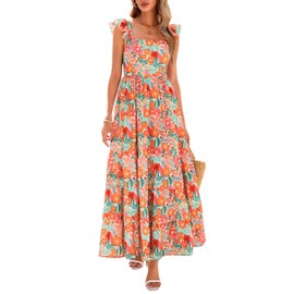 dowerme Summer Dresses for Women 2025 Casual Ruffle Smocked Tiered A-Line Boho Floral Maxi Beach Sun Dress with Pockets(Light Apricot Orange Flower,Medium)