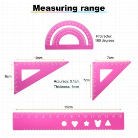 sourcing map 4pcs Triangular Ruler Set 15mm Aluminum Geometric Protractor Triangle Engineering Scale Drafting Ruler Kit for Office Home, Pink
