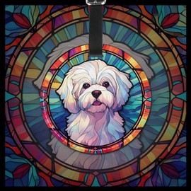 Maltese Stained Dog Breed Glass Art 2 Pcs Luggage Tag for Suitcase,Name Bag Tags, Round Baggage Identifiers with Privacy Cover,Leather Id Label for Women Men Travel