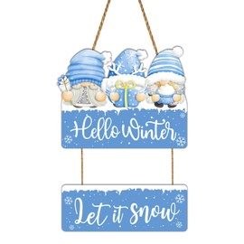 YUNKKIN Winter Decorations for Home Winter Wreath Cute Gnomes Door Decorations Let It Snow Sign Wall Decor Wooden Front Door Hanger for Wall Indoor Home Decor