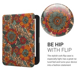 kwmobile Cork Case Compatible with Kobo Clara BW/Colour - Book Style Protective e-Reader Flip Cover Folio Case - Summer Flowers Orange/Green/Red