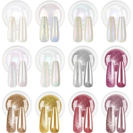 LEDSUUEI Chrome Nail Powder - Super Mirror Effect Metallic Holographic Aurora Iridescent Pearlescent Rose Gold White Pearl Chrome Nail Powder for Nails Salon DIY