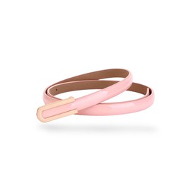 Women's Belt Fashion Elegant Skinny Patent Leather Belts Genuine Leather Waistband Slim Waist Belt Gold Alloy Buckle, Peach-Pink, For Waist 28"- 34", Women Size S-M, 4-6