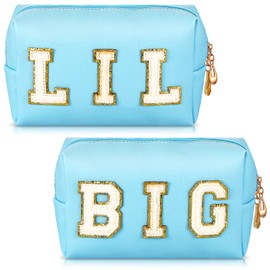 2 Pieces Big Little Sorority Gifts Preppy Cosmetic Bag PU Leather Letter Patch Makeup Bag Portable Preppy Purse with Zipper Preppy Pencil Pouch Waterproof Travel Organizer for Teen Girls Women, Blue