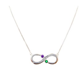 Infinity Necklace with 2 Names Engraved (Infinity) with 2 Coloured Month Crystals of Your Choice (Birthstone) / Necklace 40 cm in 925 Sterling Silver / for 2 Children's Names or Lovers, Silver,