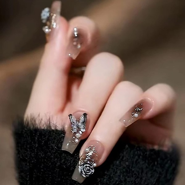 24Pcs Full Cover Reusable Coffin False Nails, Press on Nails