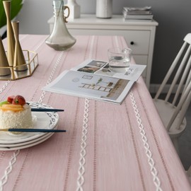 UYISBOHEMIAN Pink Cotton Linen Tablecloth, Fabric Stripe Table Cover Cloth with Stitching Tassel,Wrinkle Free Dust-Free Tabletop Decoration for Kitchen Dinning Party（ 55x 70inch）