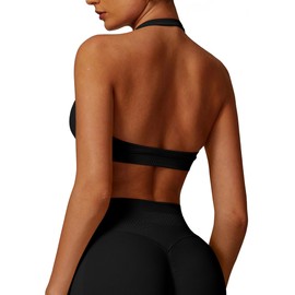 Halter Sports Bra for Women Seamless Open Back Womens Halter Sports Bras Padded Low Impact Workout Gym Yoga Bra Running Athletic Crop Tank Tops with Removable Cups XS Black