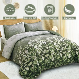 WONGS BEDDING Olive Green Quilt Set Queen,3 Pieces Botanical Leaves Printed Bedspread Bedding Set,Microfiber Floral Coverlet Bedding Set for All Season 96"x90"