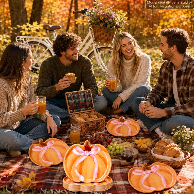 60Pcs Pink Bow Pumpkin Paper Plates Pumpkin Autumn Thanksgiving Party