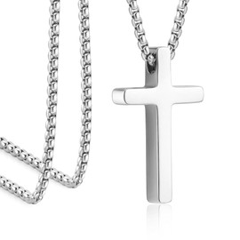Silver Cross Necklace for Men，Mens Cross Necklaces with 2.5mm Stainless Steel Box Chain 18 Inches