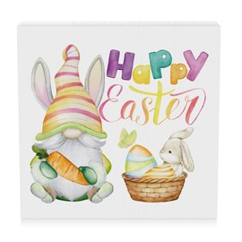 Farmhouse Spring Easter Bunny Wooden Box Sign Easter Egg Sign Butterfly Desk Decor Easter Decorations Rustic Decorative Wood Block Plaque for Home Kitchen Cubicle Table Tiered Tray Rabbit Decor