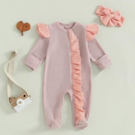 Adobabirl Newborn Outfit Baby Girl Footies Long Sleeve Ruffle Romper Color Block Zipper Jumpsuit Cute Fall Winter Clothes (Purple, 3-6 Months)