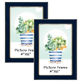 GoldenStateArt - 4x6 Enamel Picture Frame - Metal Gold Edge - Navy Blue Enamel for 4 x 6 In Photos Real Glass Front Easel Stand for Tabletop or Wall Mount Display (2 Pack)