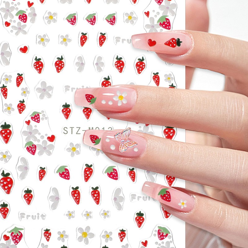 Strawberry Nail Stickers, 3 Sheets 5D Summer Nail Stickers Self-Adhesive