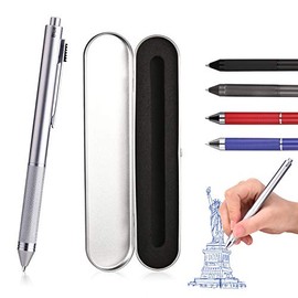4 in1 Multi-Function Refillable & Retractable Ballpoint Pen + 0.5mm Mechanical Pencil, Fine Point, Silver Metal Barrel, Black/Red/Blue Inks, SMTTW Multicolor Pen With Metal Gift Box