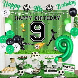 Sursurprise 9th Football Birthday Decorations Green and White for Boys, Soccer Happy 9th Birthday Banner Backdrop, Go Team Number 9 Foil Balloons, Football Fans Ninth Birthday Party Supplies Age 9