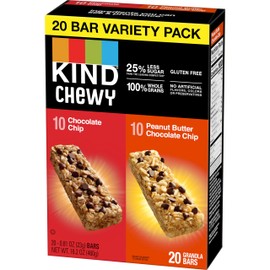 KIND Chewy Granola Bars, Variety Pack, Chocolate Chip and Peanut Butter Chocolate Chip, Gluten Free, 100 Calories, Whole Grains and Oats, 20 Count