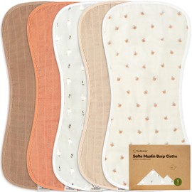 5-Pack Muslin Burp Cloths for Baby Boys and Girls - Super Absorbent Baby Burp Cloth, Viscose Derived from Bamboo Cotton Baby Washcloths, Burp Rags, Large Neutral Burp Clothes for Newborn (Hills)