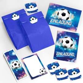 JuNa-Experten 12 Einladungskarten zum Kindergeburtstag Jungen Fussball incl. 12 Umschläge, 12 Tüten/dunkelblau, 12 Aufkleber, 12 Lesezeichen, 12 Blöcke