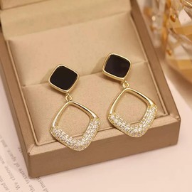DIAMANTIO 18K Gold Plated Geometric Black Enamel Drop Earrings for Women, Elegant Statement Earrings with Cubic Zirconia, Lightweight Dangle Earrings for Party, Wedding, and Daily Wear