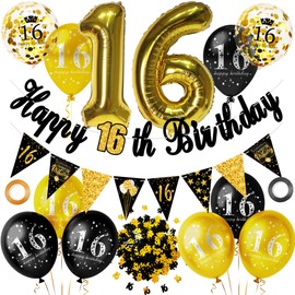 16th Birthday Party Decorations for Men Women Black and Gold, Black Gold Happy Birthday Banner Sign 16th Happy Birthday Balloons for 16th Anniversary Birthday Party Supplies Outdoor Indoor Décor