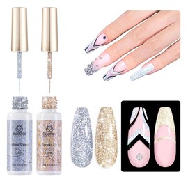 Beetles Gel Polish Nail Art Gel Liner Nail Polish Set, 2 Pcs Silver & Golden Pink Holo Reflective Glitter Gel Polish, Gel Art Paint for Swirl Shiny Nails Nail Art Brush French Gift - Color: Gold Silver Black White