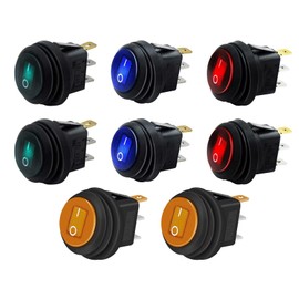 HUAZIZ Pack of 8 Rocker Switch 12 V Waterproof Round Rocker Switch 20 A Round Rocker Switch with LED, 4 Colours, 3 Pins On/Off, for Car Boat Truck Trailer and Boats